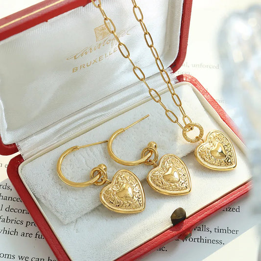 Wholesale Jewelry Retro Heart Shape 304 Stainless Steel 18K Gold Plated Plating Earrings Necklace