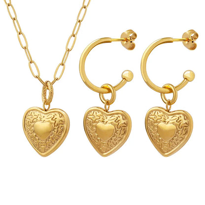 Wholesale Jewelry Retro Heart Shape 304 Stainless Steel 18K Gold Plated Plating Earrings Necklace