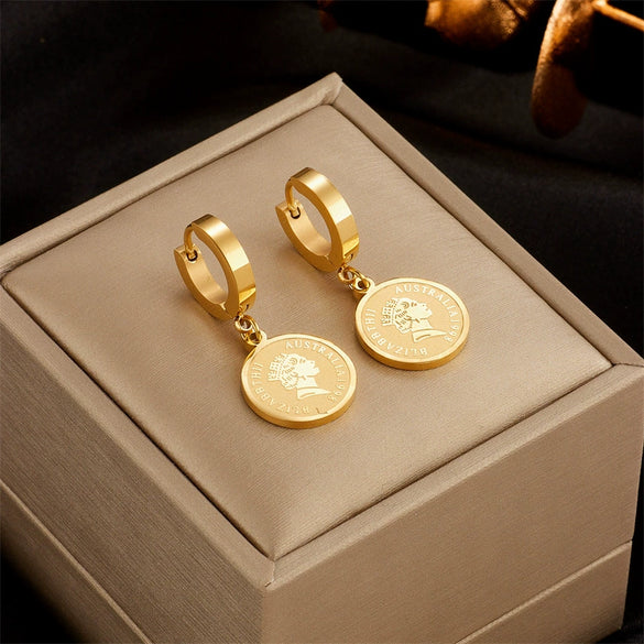 Retro High Grade Round Titanium Steel Earrings With Geometric Pattern And Electroplating Unisex Niche Design