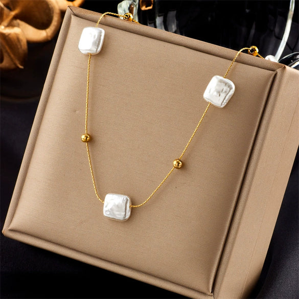 Retro High Grade Sense Chain Tassel Stainless Steel Pearl Beaded Oil Drop Pendant Necklace With Electroplating Treatment