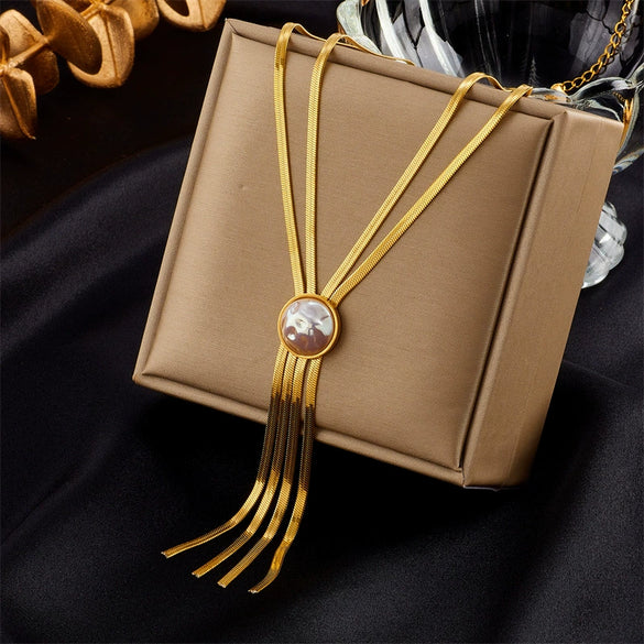 Retro High Grade Sense Chain Tassel Stainless Steel Pearl Beaded Oil Drop Pendant Necklace With Electroplating Treatment