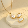 Retro Highend Geometric Stainless Steel Titanium Steel Baroque Pearl Earrings And Clavicle Chain With Electroplating