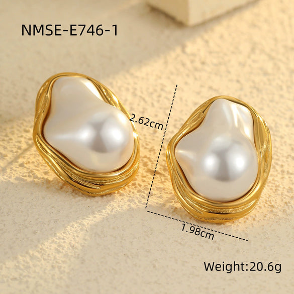 Retro Highend Geometric Stainless Steel Titanium Steel Baroque Pearl Earrings And Clavicle Chain With Electroplating