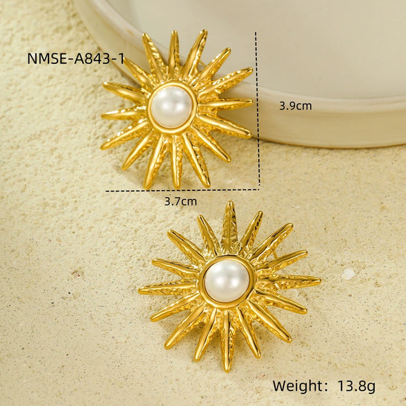 Retro Highend Stainless Steel Sunflower Pearl Earrings For Women With Electroplating Processing