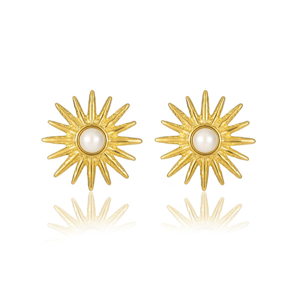 Retro Highend Stainless Steel Sunflower Pearl Earrings For Women With Electroplating Processing