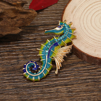 Retro Hippocampus Alloy Enamel Inlay Artificial Gemstones Unisex Brooches