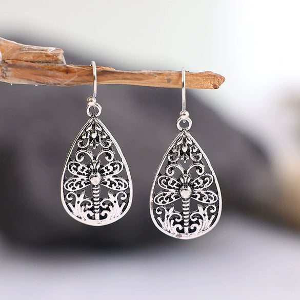 Retro Hollow Dragonfly Drop Shape Alloy Electroplated Women's Earrings