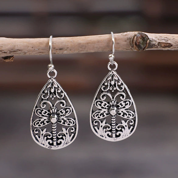 Retro Hollow Dragonfly Drop Shape Alloy Electroplated Women's Earrings