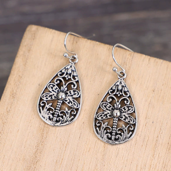 Retro Hollow Dragonfly Drop Shape Alloy Electroplated Women's Earrings