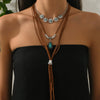 Retro Imitation Turquoise Bull Head Geometric Beaded Necklace Set With Woven Chain And Alloy Pendant