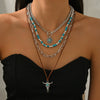 Retro Imitation Turquoise Bull Head Geometric Beaded Necklace Set With Woven Chain And Alloy Pendant