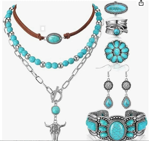 Retro Imitation Turquoise Bull Head Geometric Beaded Necklace Set With Woven Chain And Alloy Pendant