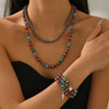 Retro Imitation Turquoise Bull Head Geometric Beaded Necklace Set With Woven Chain And Alloy Pendant