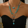 Retro Imitation Turquoise Bull Head Geometric Beaded Necklace Set With Woven Chain And Alloy Pendant
