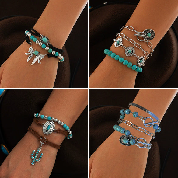 Retro Imitation Turquoise Cactus Tag Bracelet Set For Women Metal Geometric Electroplated Hand Ornaments