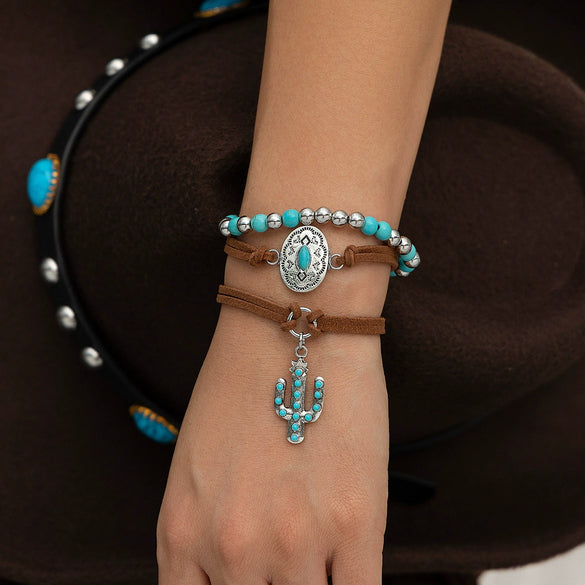 Retro Imitation Turquoise Cactus Tag Bracelet Set For Women Metal Geometric Electroplated Hand Ornaments