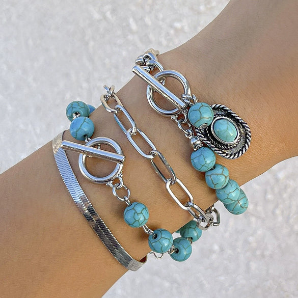 Retro Imitation Turquoise Cactus Tag Bracelet Set For Women Metal Geometric Electroplated Hand Ornaments