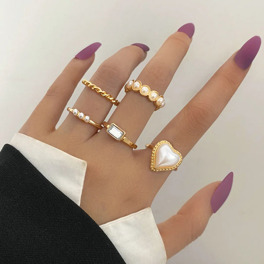 Retro Inlaid Pearl Peach Heart Joint Ring Set 5-Piece Set