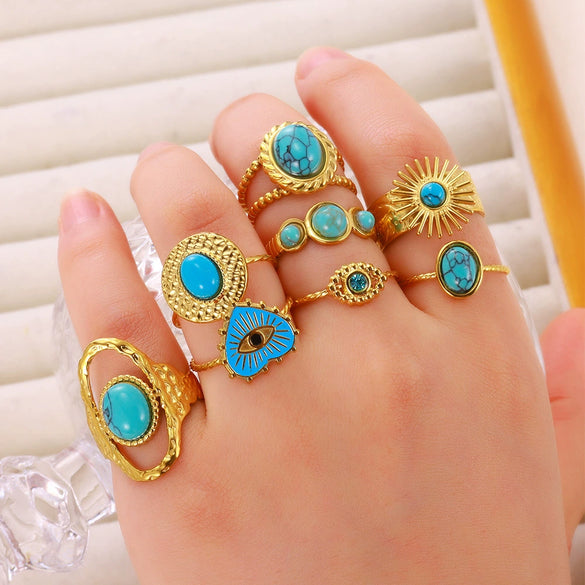 Retro Inlaid Turquoise Geometric Ring Stainless Steel Jewelry