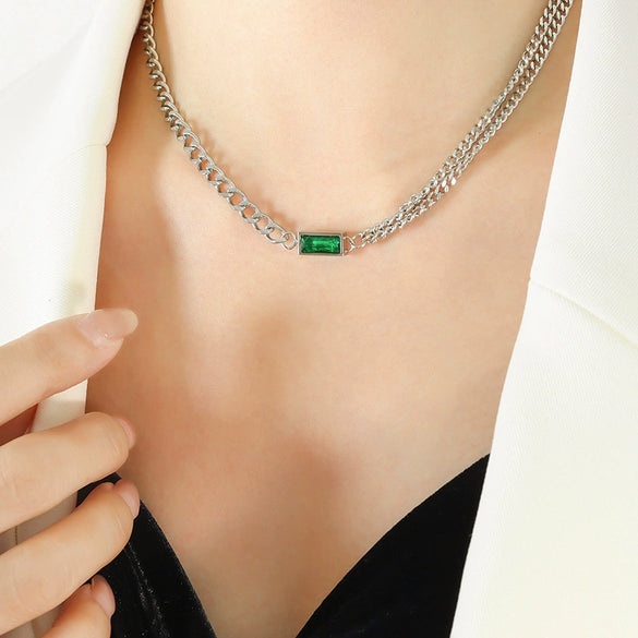 Retro Inlaid Zircon Double Thick Chain Jewelry Suit For Women And Girls Titanium Steel With Electroplating