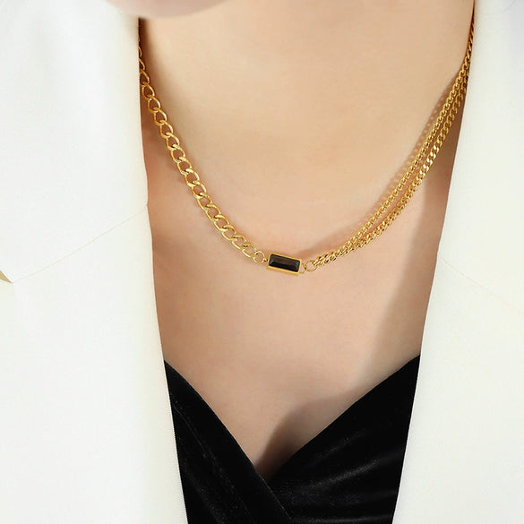 Retro Inlaid Zircon Double Thick Chain Jewelry Suit For Women And Girls Titanium Steel With Electroplating