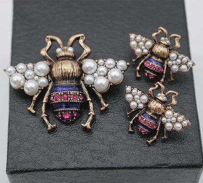 Retro Insect Alloy Enamel Inlay Artificial Pearls Rhinestones Women'S Ear Studs Brooches