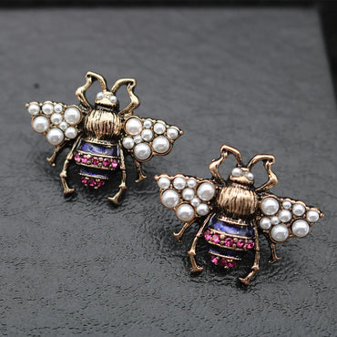 Retro Insect Alloy Enamel Inlay Artificial Pearls Rhinestones Women'S Ear Studs Brooches