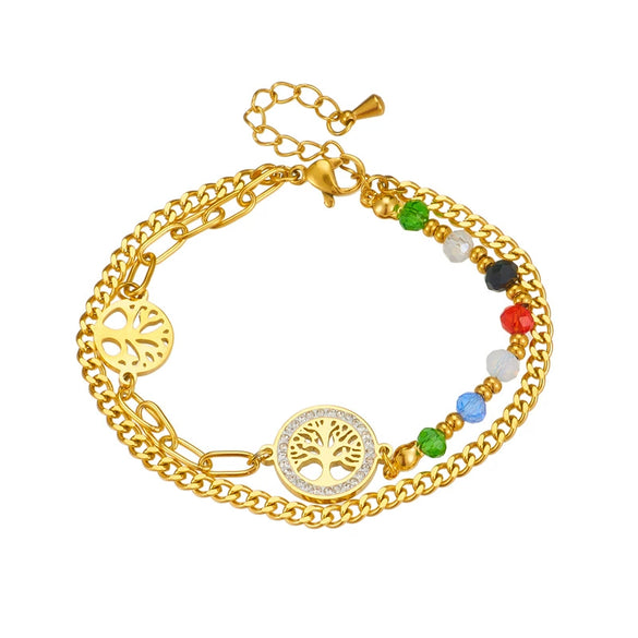 Retro Irregular Chain Round Life Tree Connection Colorful Beaded Double Layer Unisex Bracelet With Electroplating Geometric Pattern