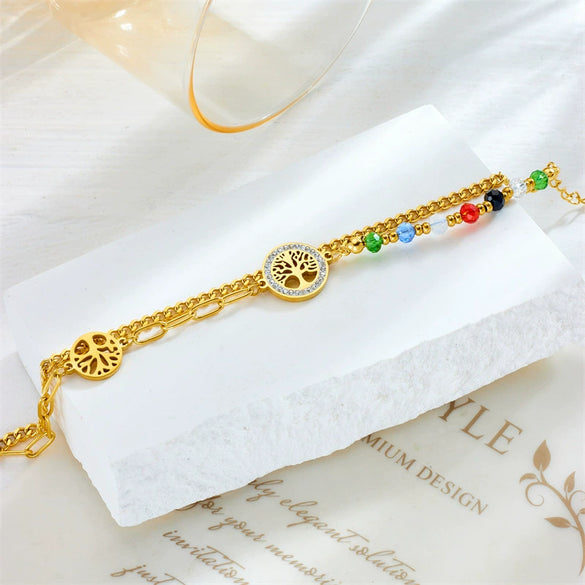 Retro Irregular Chain Round Life Tree Connection Colorful Beaded Double Layer Unisex Bracelet With Electroplating Geometric Pattern