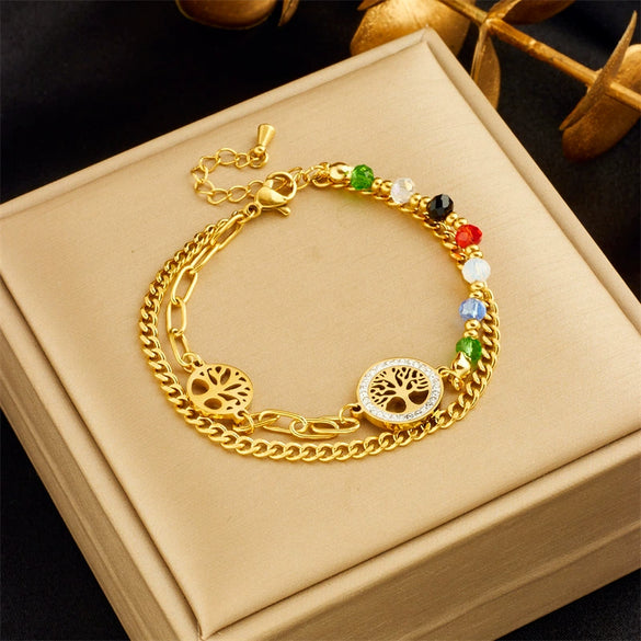 Retro Irregular Chain Round Life Tree Connection Colorful Beaded Double Layer Unisex Bracelet With Electroplating Geometric Pattern