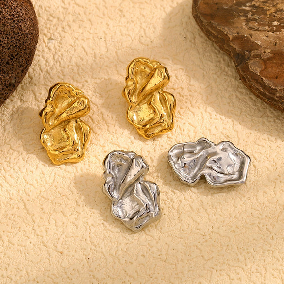 Retro Irregular Pleated Geometric Stainless Steel 18K Gold Plated Earrings For Women