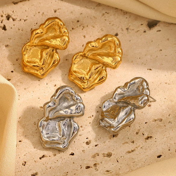Retro Irregular Pleated Geometric Stainless Steel 18K Gold Plated Earrings For Women