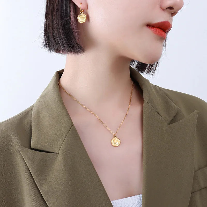 Retro Irregular Round Card Head Element Earrings Titanium Steel Necklace Wholesale