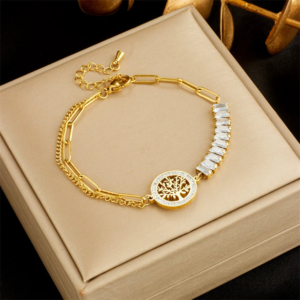 Retro Irregular Titanium Steel Bracelet With Row Of Diamonds And Tree Of Life Round Plate Connection