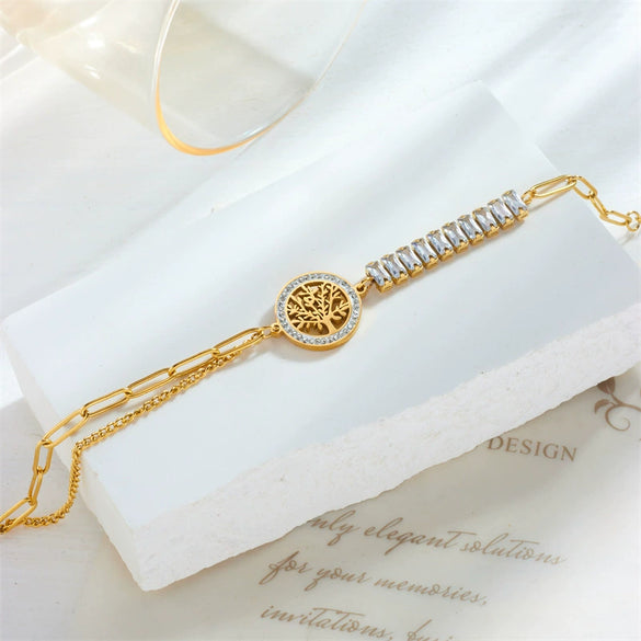 Retro Irregular Titanium Steel Bracelet With Row Of Diamonds And Tree Of Life Round Plate Connection