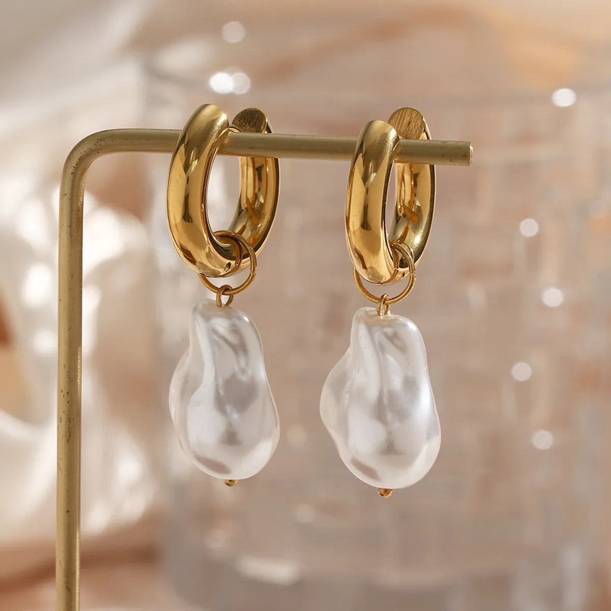 1 Pair Retro Irregular Water Droplets Plating 304 Stainless Steel Imitation Pearl 18K Gold Plated Earrings