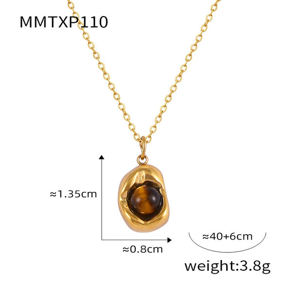 Retro Jewelry 316L Stainless Steel Oval Pendant Inlaid Tiger's Eye Electroplated Chain Style Unisex