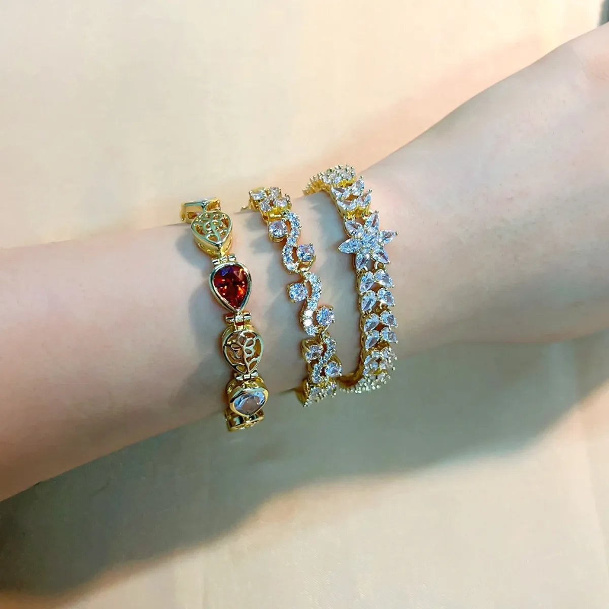 Retro Korean Style Geometric Copper Plating Inlay Zircon Gold Plated Bracelets