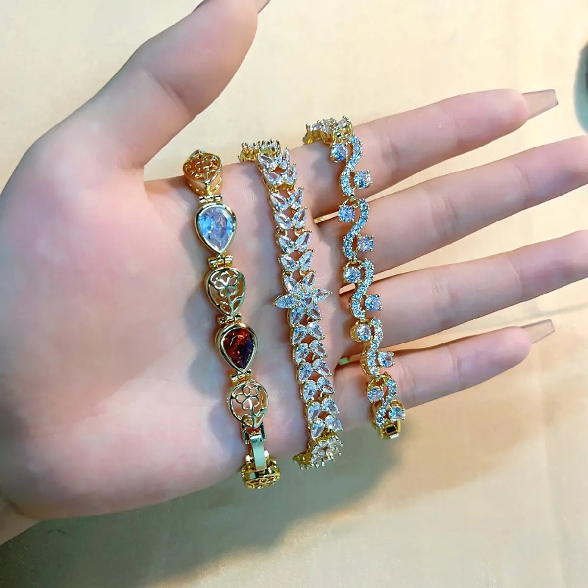 Retro Korean Style Geometric Copper Plating Inlay Zircon Gold Plated Bracelets