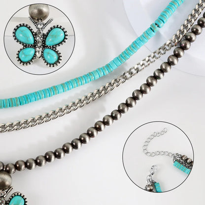 Retro Lady Ethnic Style Butterfly Plastic Turquoise Iron Wholesale Three Layer Necklace