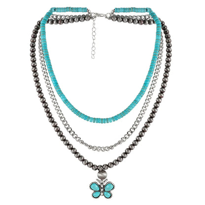 Retro Lady Ethnic Style Butterfly Plastic Turquoise Iron Wholesale Three Layer Necklace