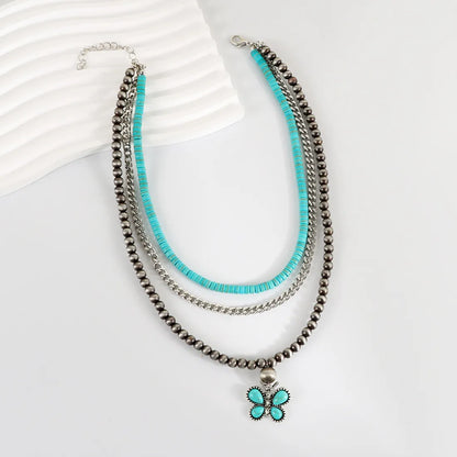 Retro Lady Ethnic Style Butterfly Plastic Turquoise Iron Wholesale Three Layer Necklace