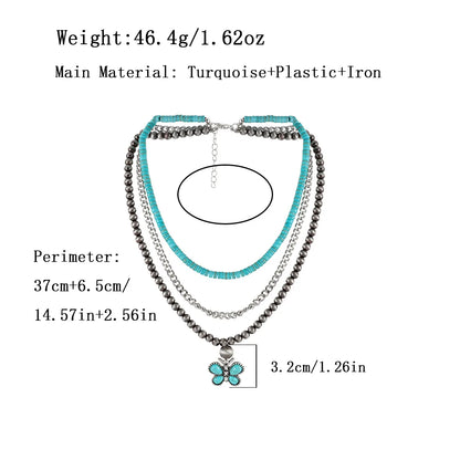 Retro Lady Ethnic Style Butterfly Plastic Turquoise Iron Wholesale Three Layer Necklace