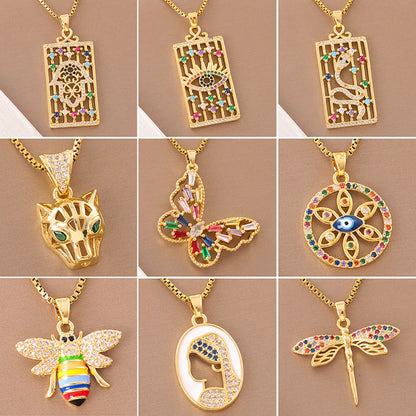 Retro Lady Roman Style Snake Bee Butterfly Stainless Steel Titanium Steel Enamel Plating Inlay Zircon 18k Gold Plated Pendant Necklace