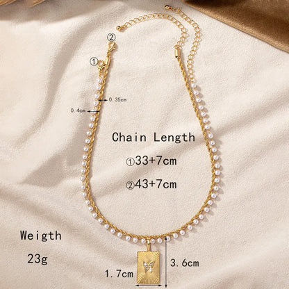 Retro Lady Square Butterfly Imitation Pearl Alloy Beaded Plating Inlay Artificial Rhinestones 14k Gold Plated Women'S Pendant Necklace