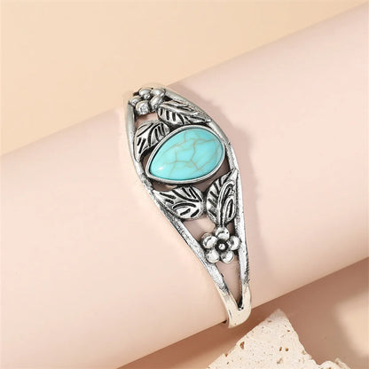 Retro Leaf Square Water Droplets Alloy Inlay Turquoise Women'S Nepal Bracelets