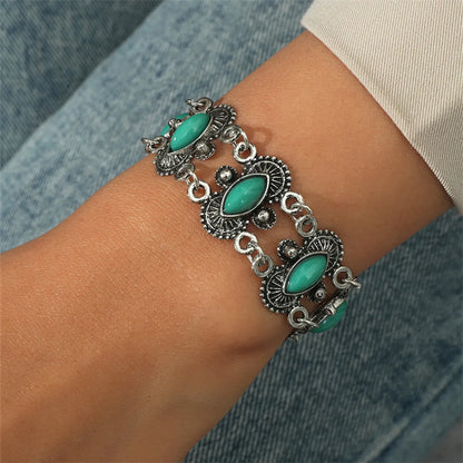 Retro Leaf Square Water Droplets Alloy Inlay Turquoise Women'S Nepal Bracelets