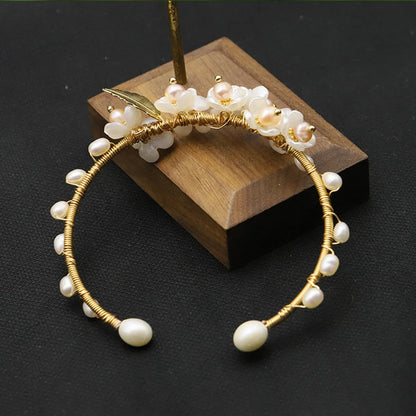 Retro Leaves Flower Freshwater Pearl Sterling Silver Plating 18k Gold Plated Bangle