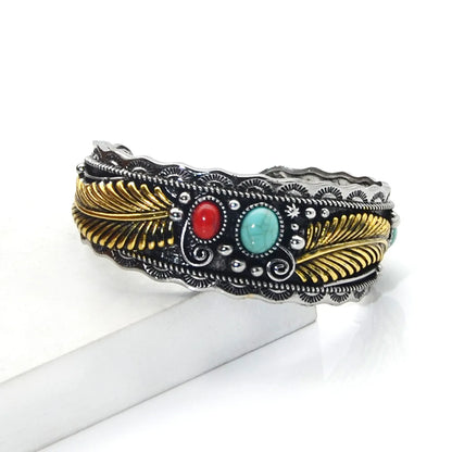 Retro Leaves Oval Ancient Silver-plated Plating Inlay Turquoise Women's Bangle