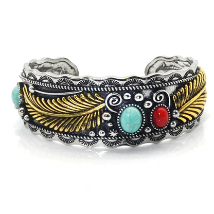 Retro Leaves Oval Ancient Silver-plated Plating Inlay Turquoise Women's Bangle